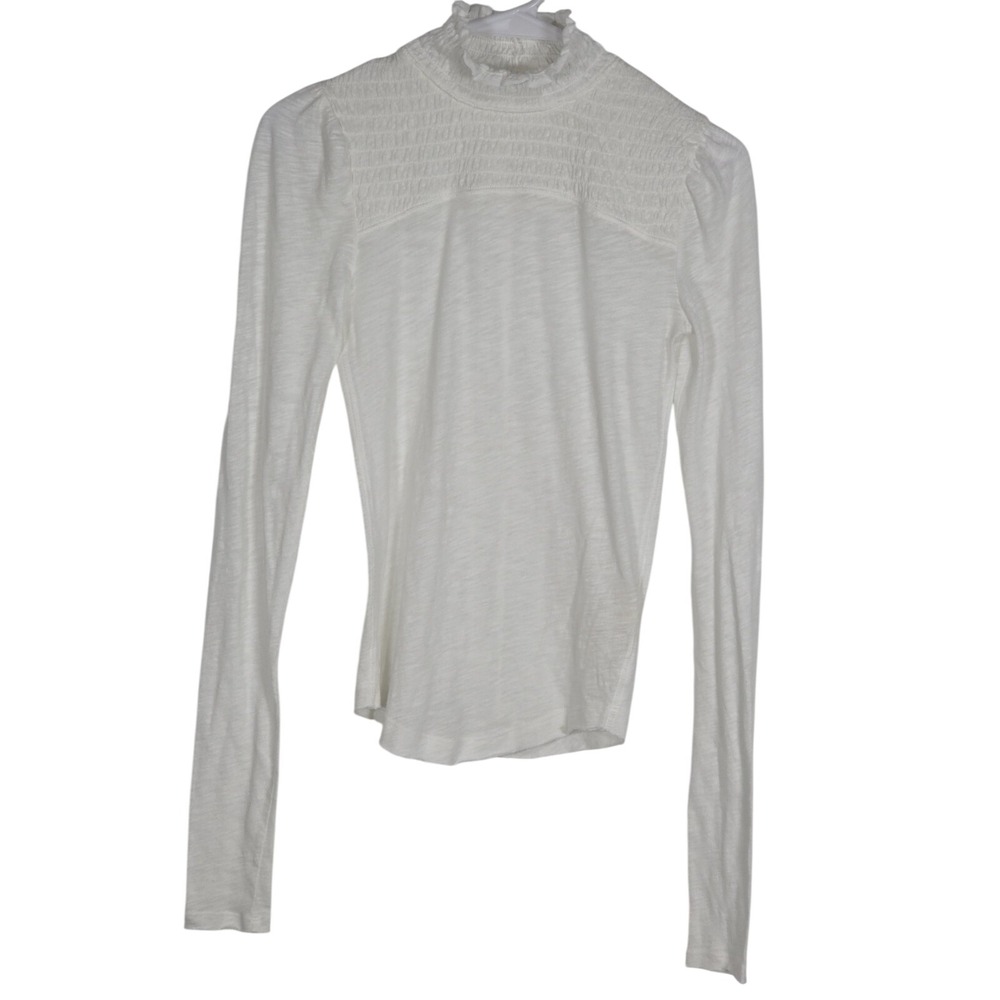 We The Free Womens XS Caroline Smocked Mock Neck Top White Boho Chic Fairycore